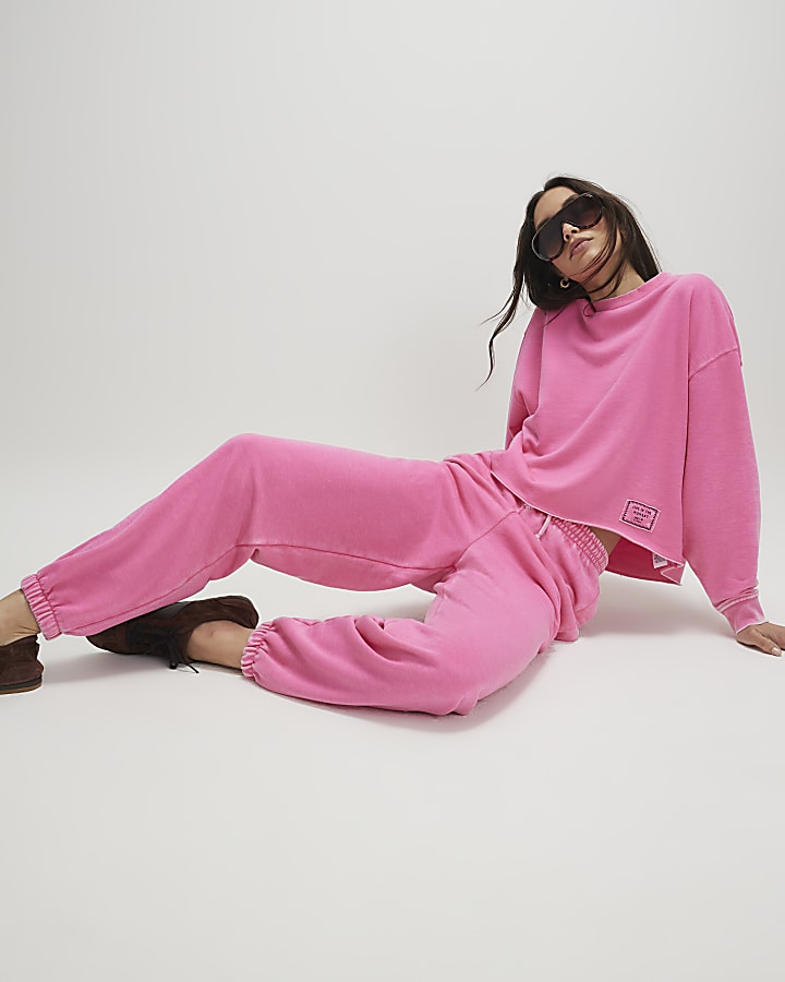 Pink Cotton Blend Burnout Cuffed Joggers