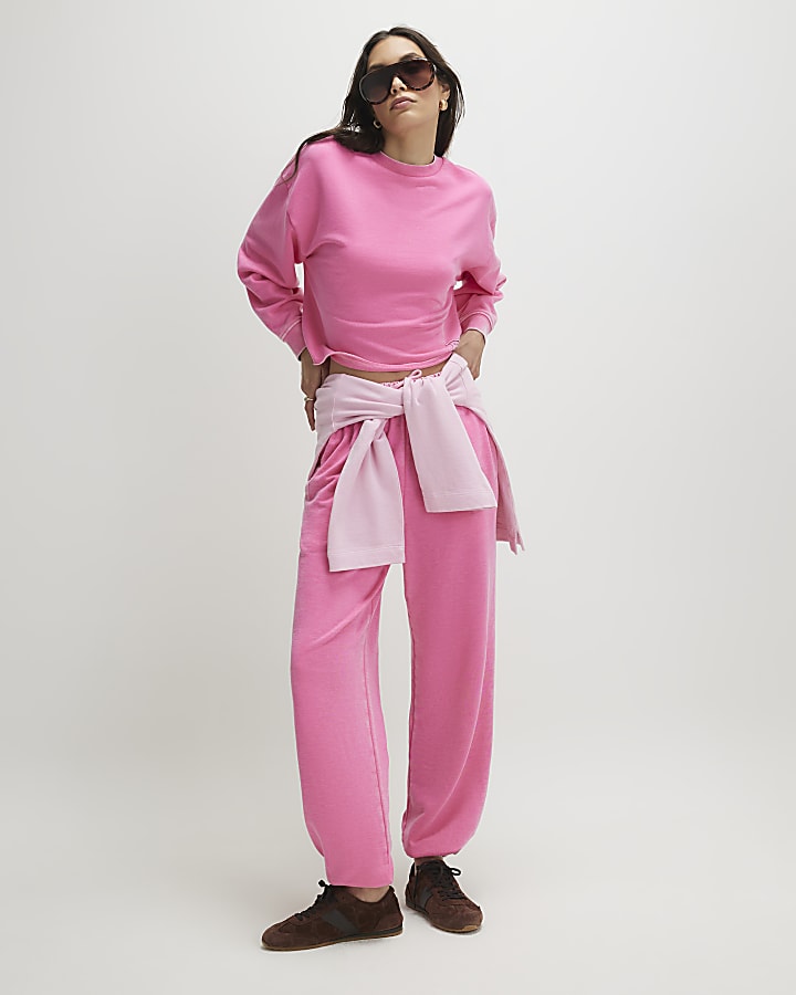 Pink Cotton Blend Burnout Cuffed Joggers