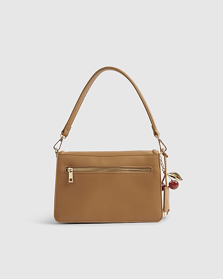 Beige Tab Front Cherry Charm Shoulder Bag