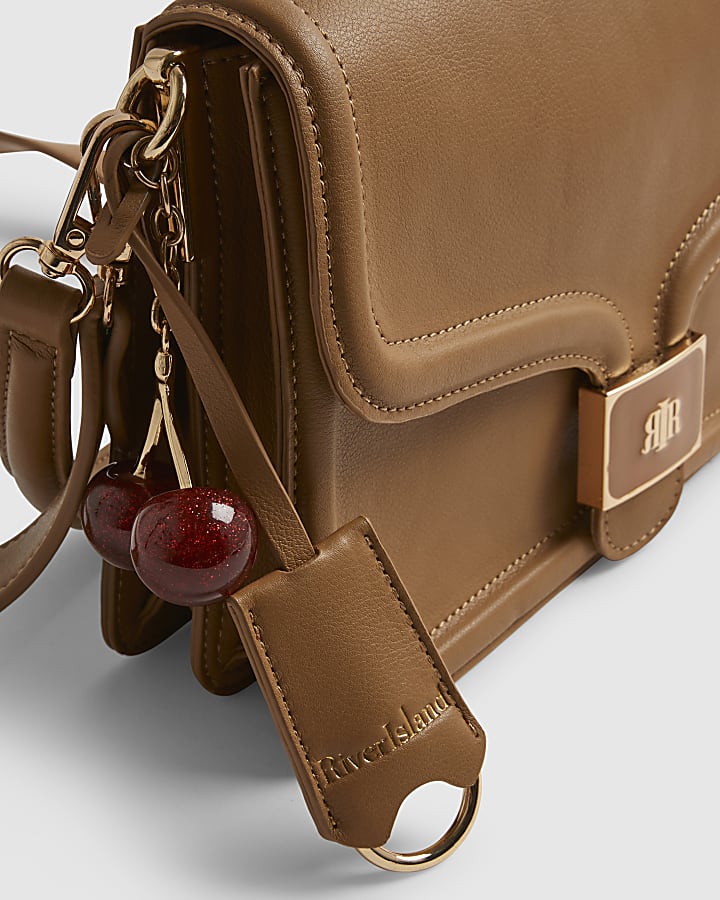 Beige Tab Front Cherry Charm Shoulder Bag