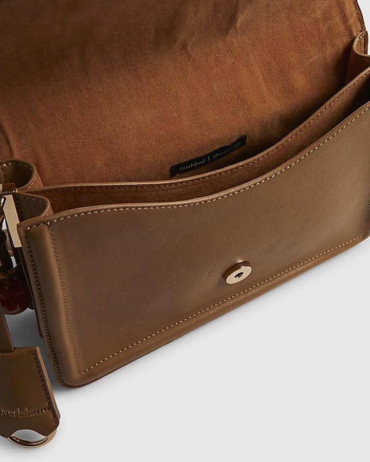 Beige Tab Front Cherry Charm Shoulder Bag