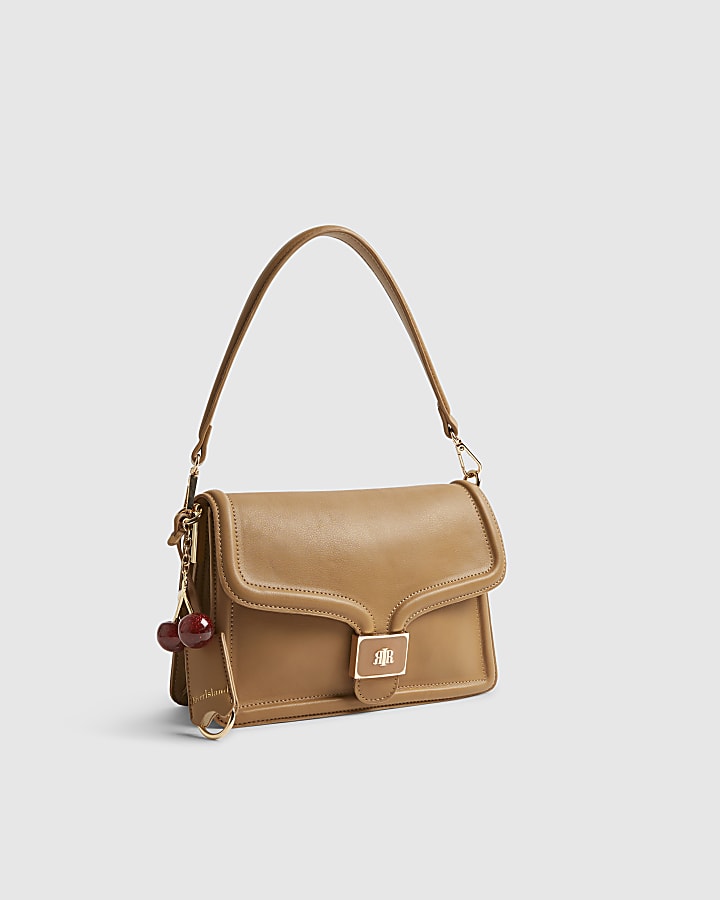 Beige Tab Front Cherry Charm Shoulder Bag