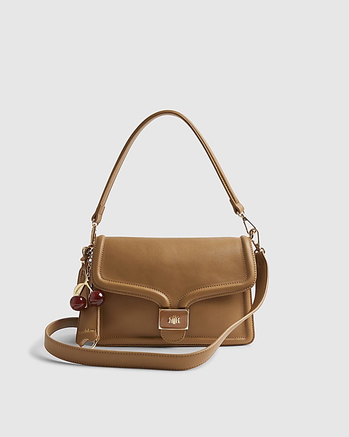 Beige Tab Front Cherry Charm Shoulder Bag