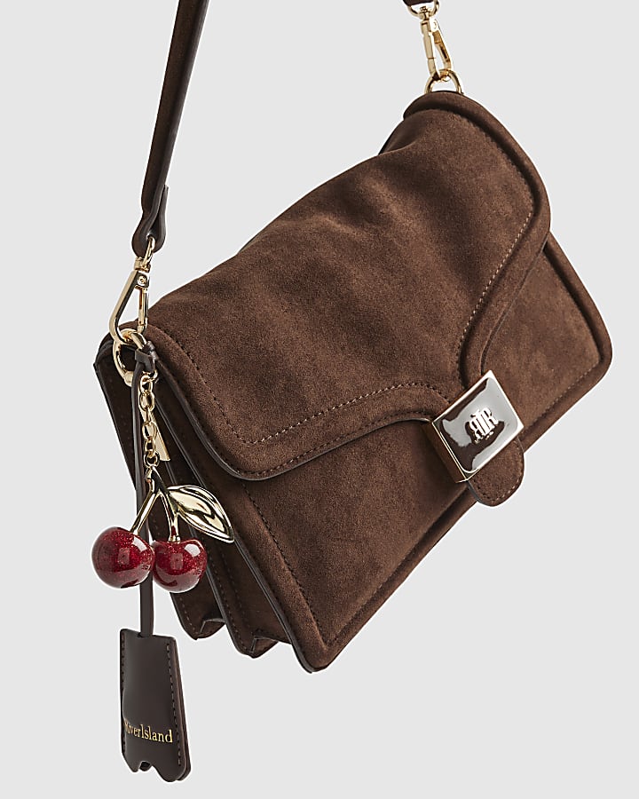 Brown Faux Suede Cherry Charm Crossbody Bag