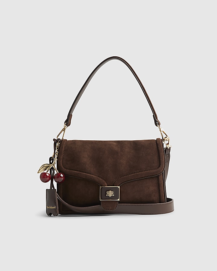Brown Faux Suede Cherry Charm Crossbody Bag