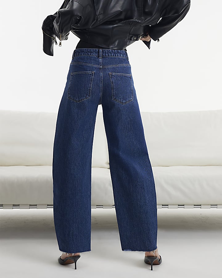 Blue Mid Rise Seamed Raw Hem Barrel Jeans