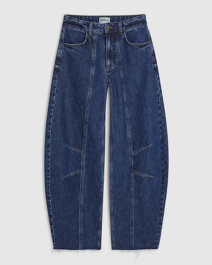 Blue Mid Rise Seamed Raw Hem Barrel Jeans