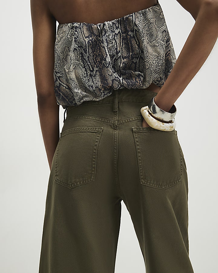 Khaki Raw Hem Barrel Leg Jeans