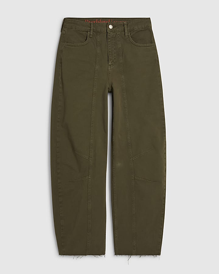 Khaki Raw Hem Barrel Leg Jeans