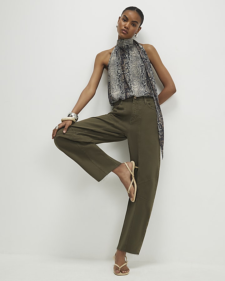 Khaki Raw Hem Barrel Leg Jeans