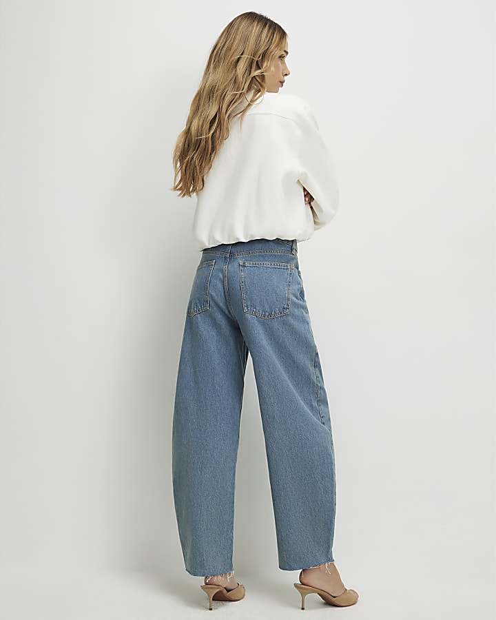 Blue Seamed Raw Hem Barrel Leg Jeans