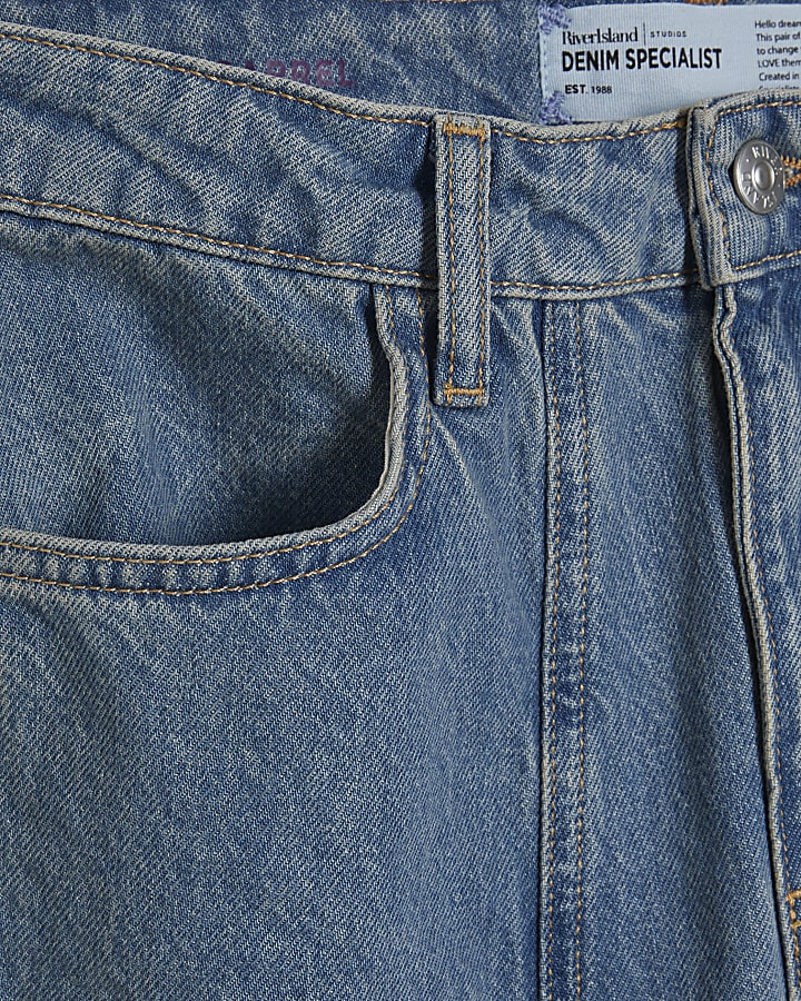 Blue Seamed Raw Hem Barrel Leg Jeans