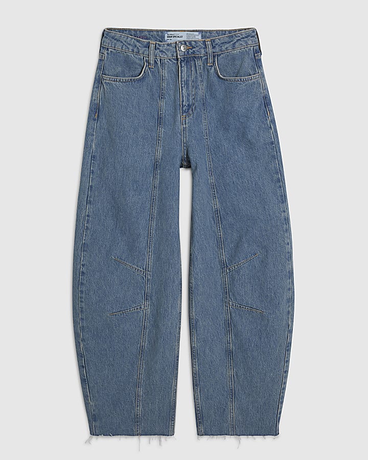 Blue Seamed Raw Hem Barrel Leg Jeans