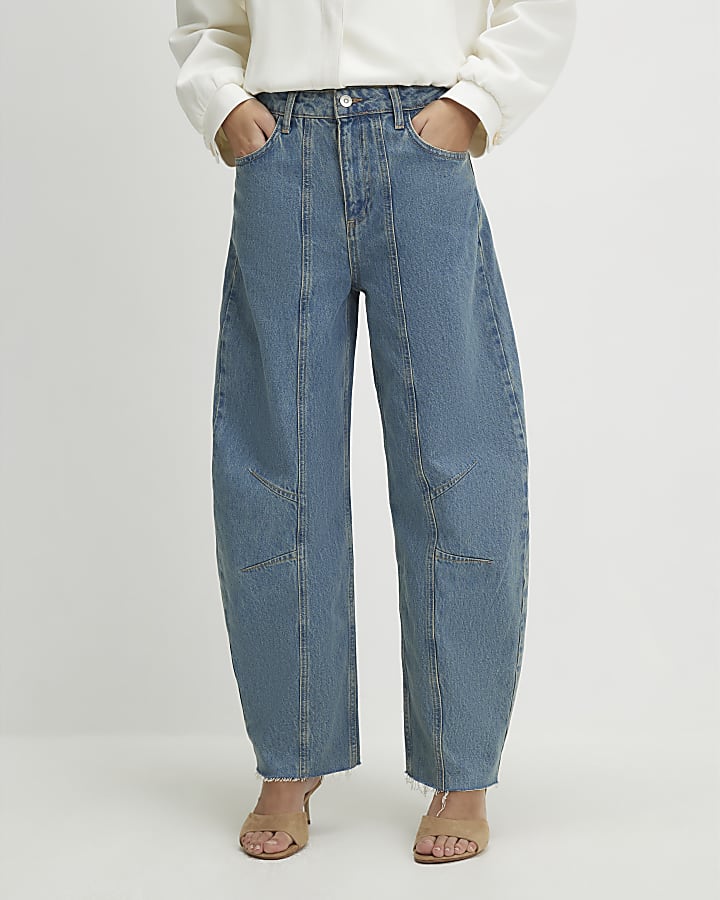 Blue Seamed Raw Hem Barrel Leg Jeans