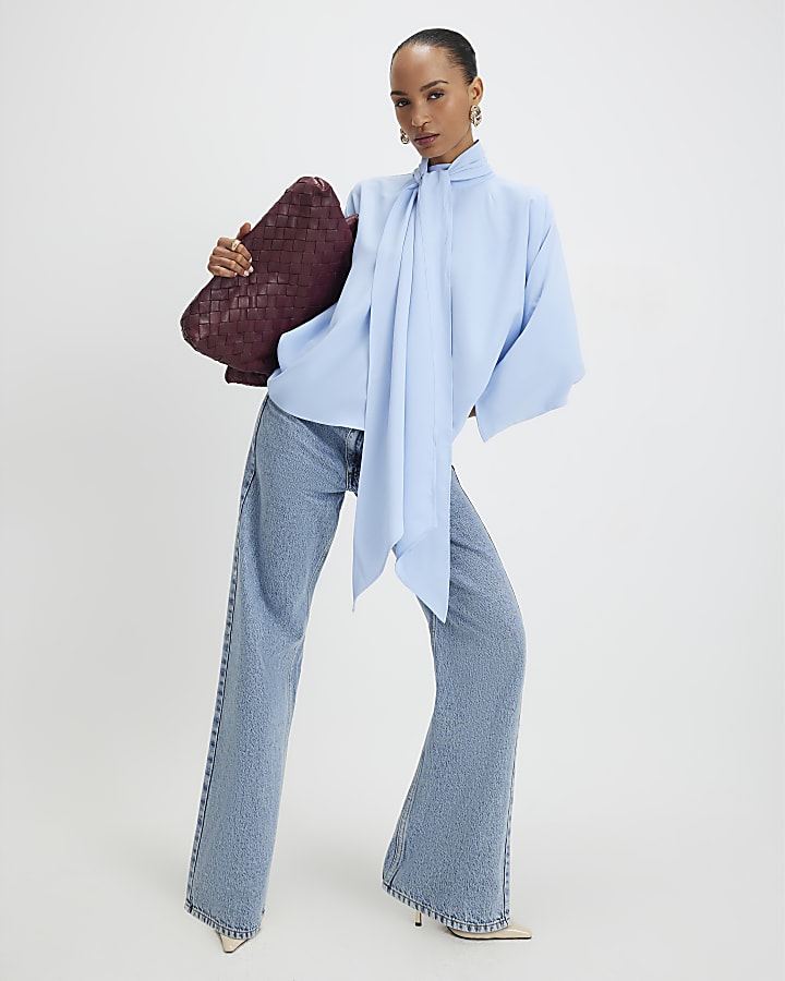 Blue Batwing Sleeve Pussybow Blouse