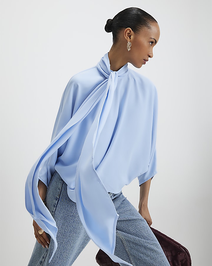 Blue Batwing Sleeve Pussybow Blouse