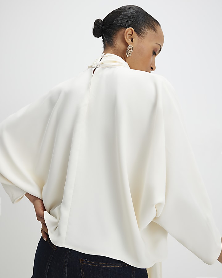 Cream Batwing Sleeve Pussybow Blouse