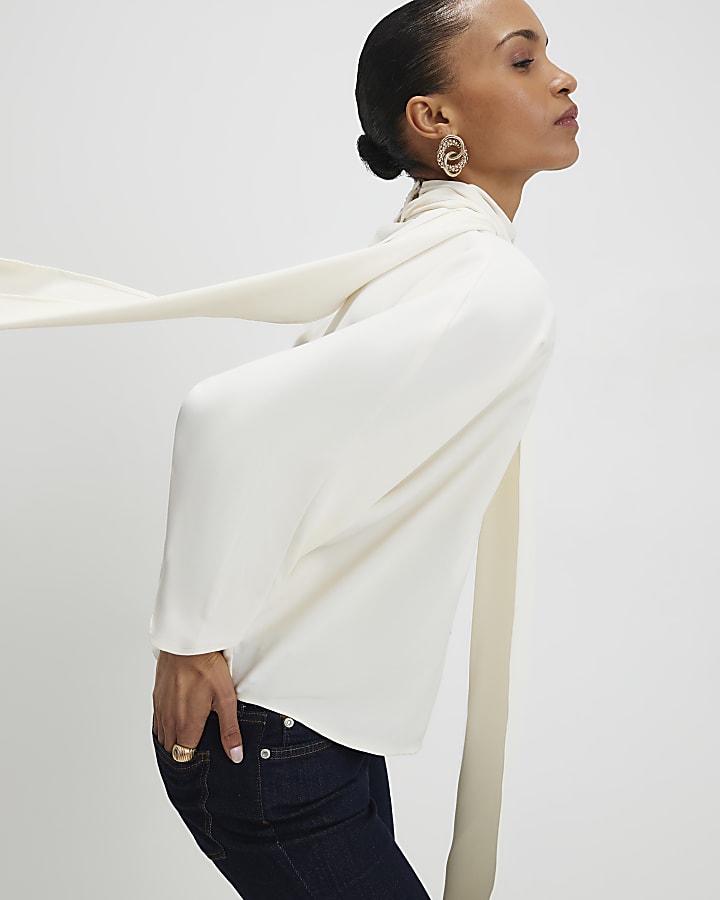 Cream Batwing Sleeve Pussybow Blouse