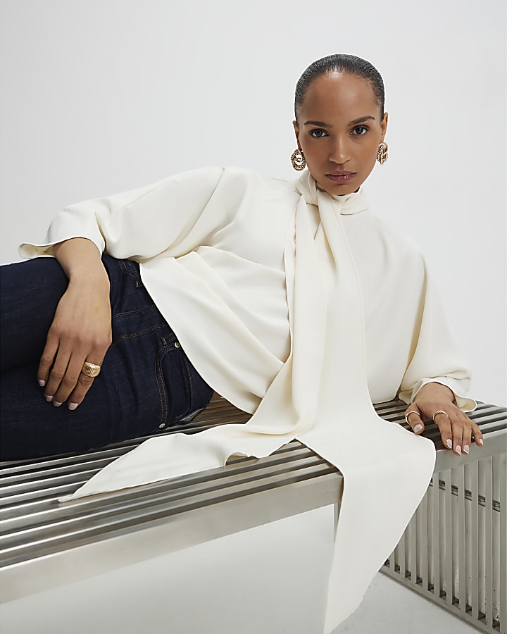 Cream Batwing Sleeve Pussybow Blouse