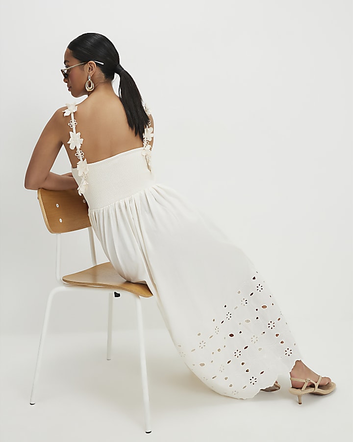Petite Cream Poplin Broderie Hem Midi Dress