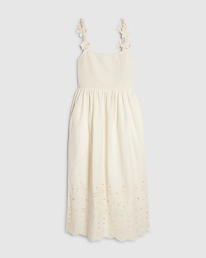 Petite Cream Poplin Broderie Hem Midi Dress