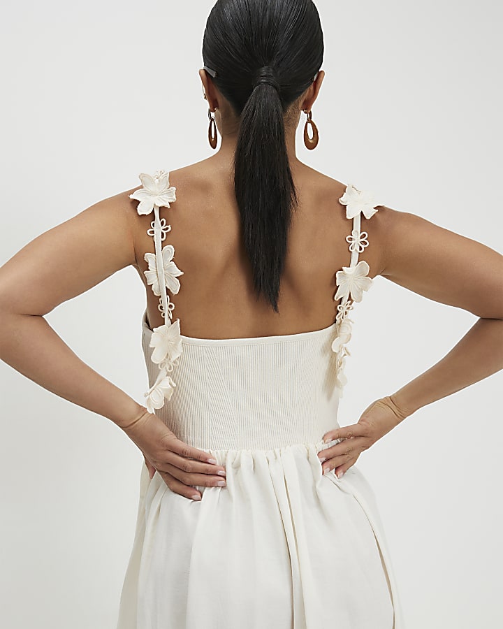 Petite Cream Poplin Broderie Hem Midi Dress