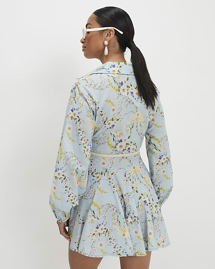 Petite Blue Floral Belted Shirt Dress