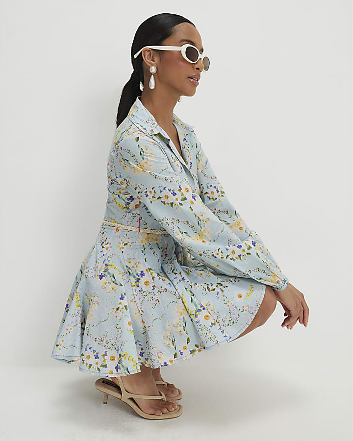 Petite Blue Floral Belted Shirt Dress
