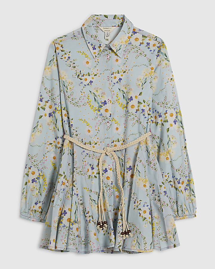 Petite Blue Floral Belted Shirt Dress