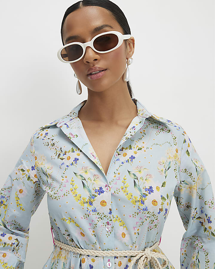 Petite Blue Floral Belted Shirt Dress