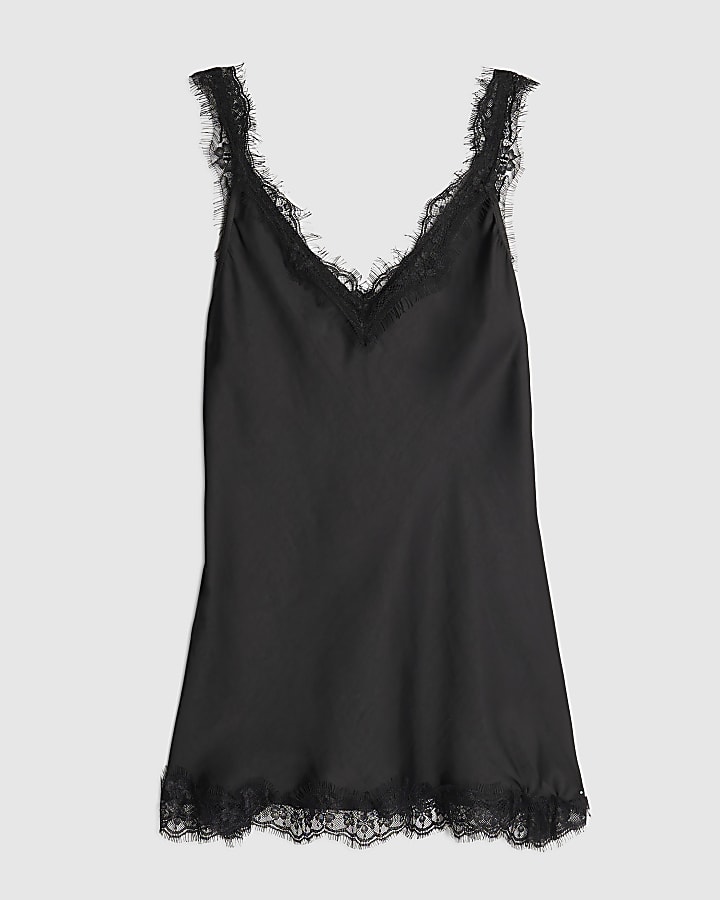Black Satin Longline Lace Trim Cami Top