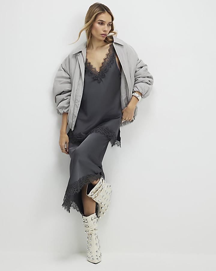 Grey Longline Lace Cami Top