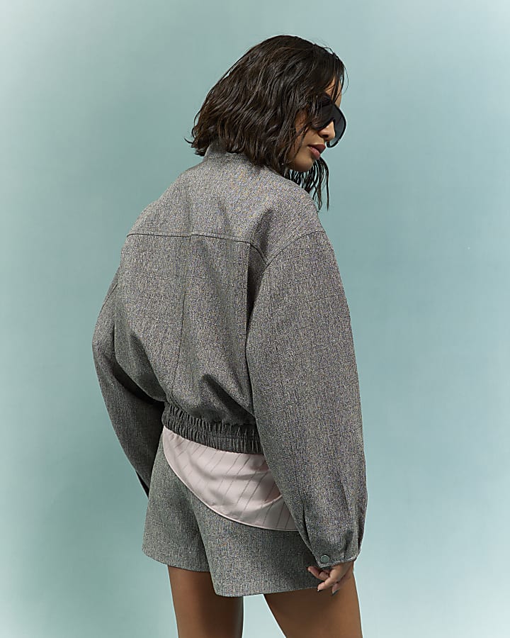 Brown Funnel Neck Bubble Hem Bomber Jacket