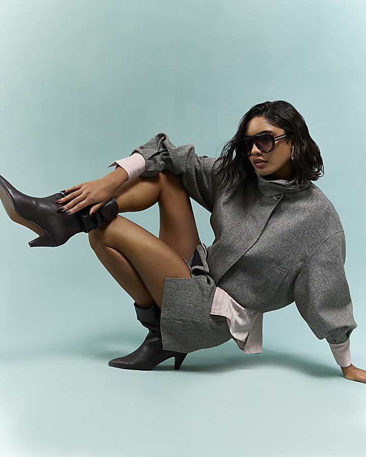 Brown Funnel Neck Bubble Hem Bomber Jacket