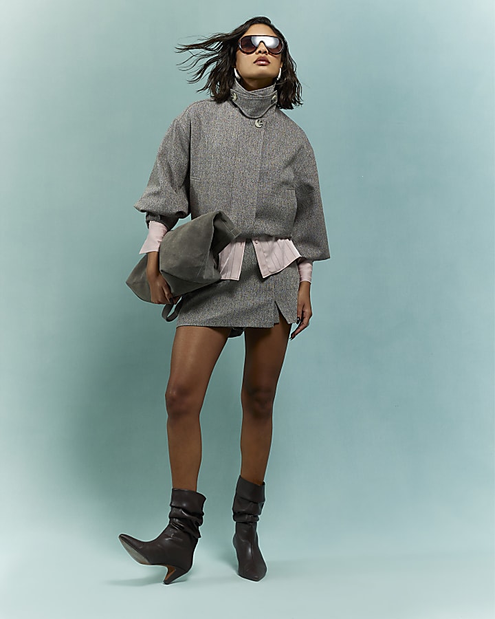 Brown Funnel Neck Bubble Hem Bomber Jacket