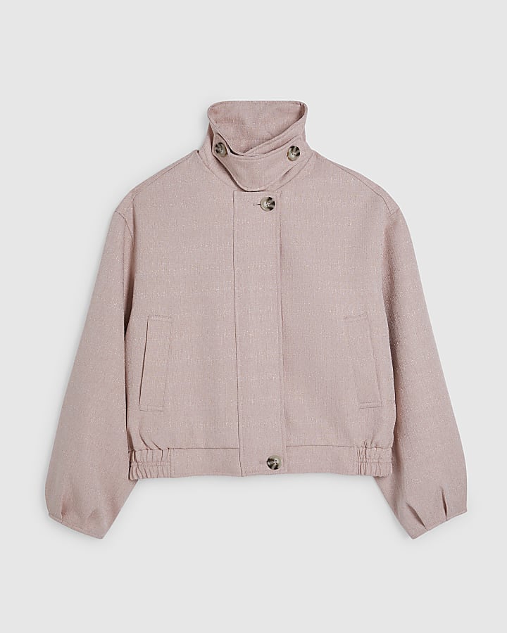 Pink Funnel Neck Bubble Hem Bomber Jacket
