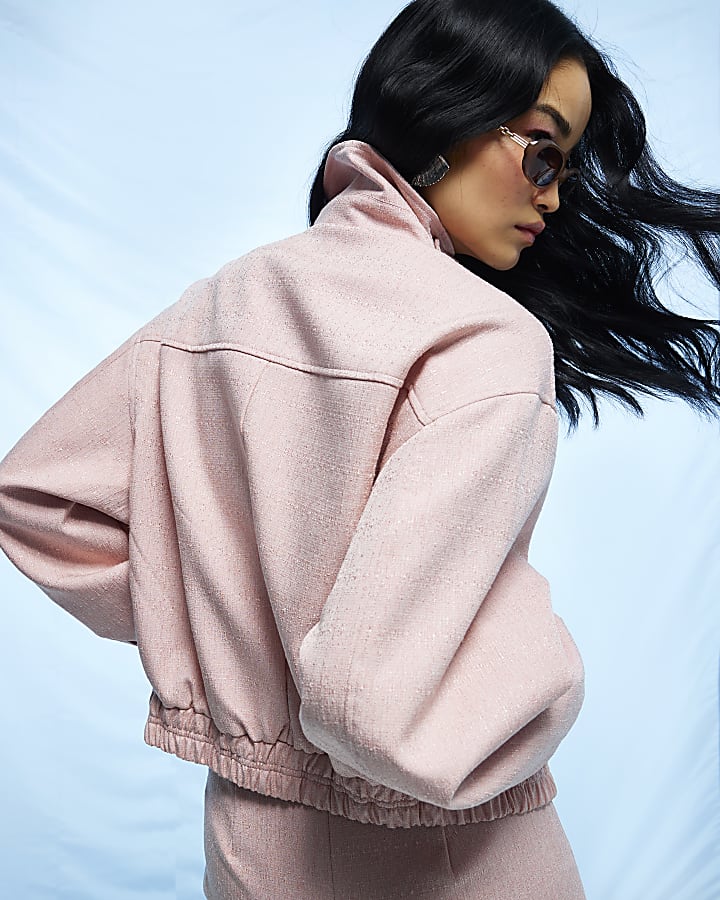 Pink Funnel Neck Bubble Hem Bomber Jacket