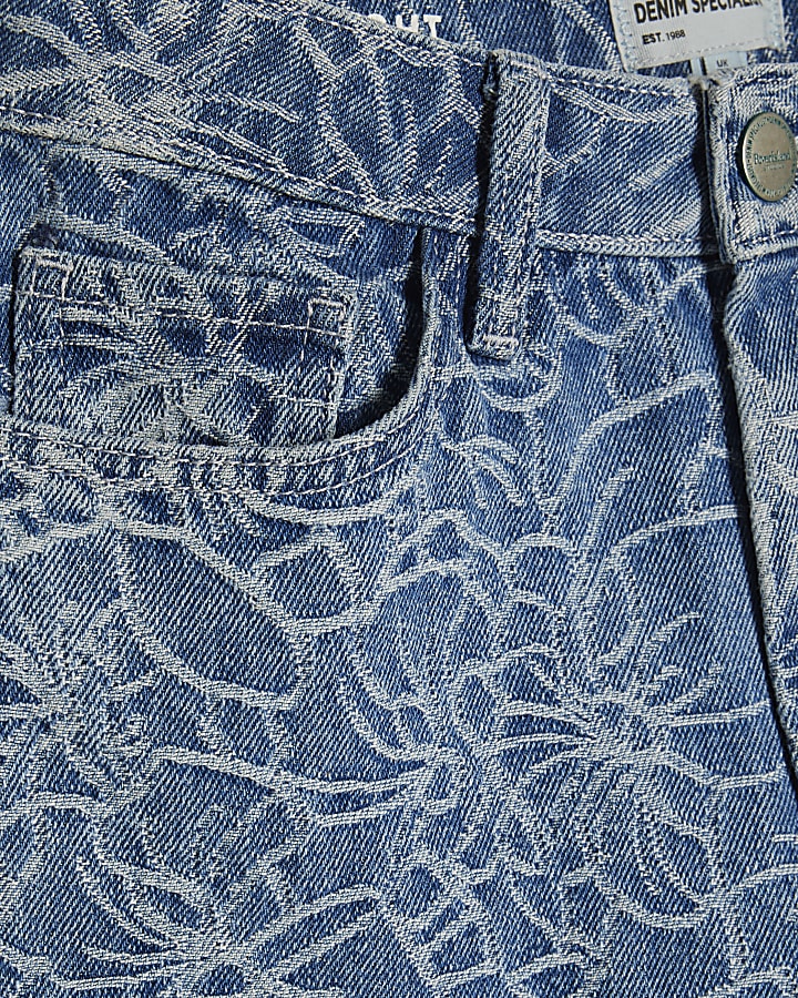 Blue Floral Print Relaxed Straight Jeans