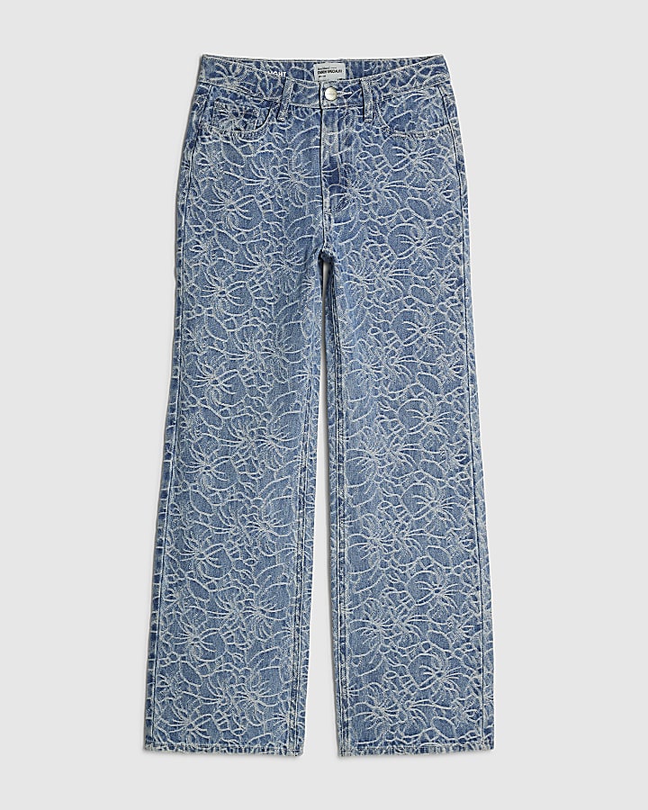 Blue Floral Print Relaxed Straight Jeans