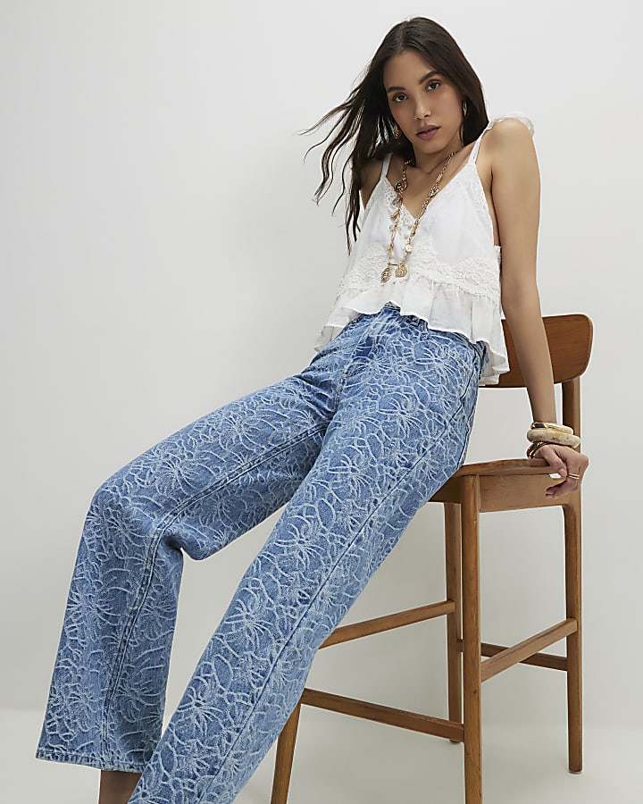 Blue Floral Print Relaxed Straight Jeans