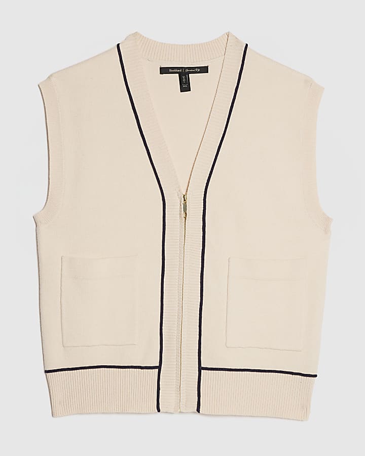 Cream Tipped Zip Through Sleeveless Cardigan