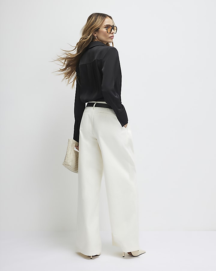 Cream Belted Pleated Wide Leg Jeans