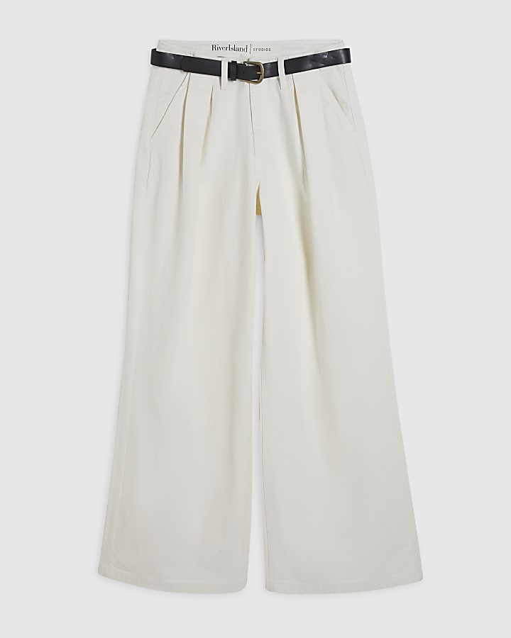 Cream Belted Pleated Wide Leg Jeans
