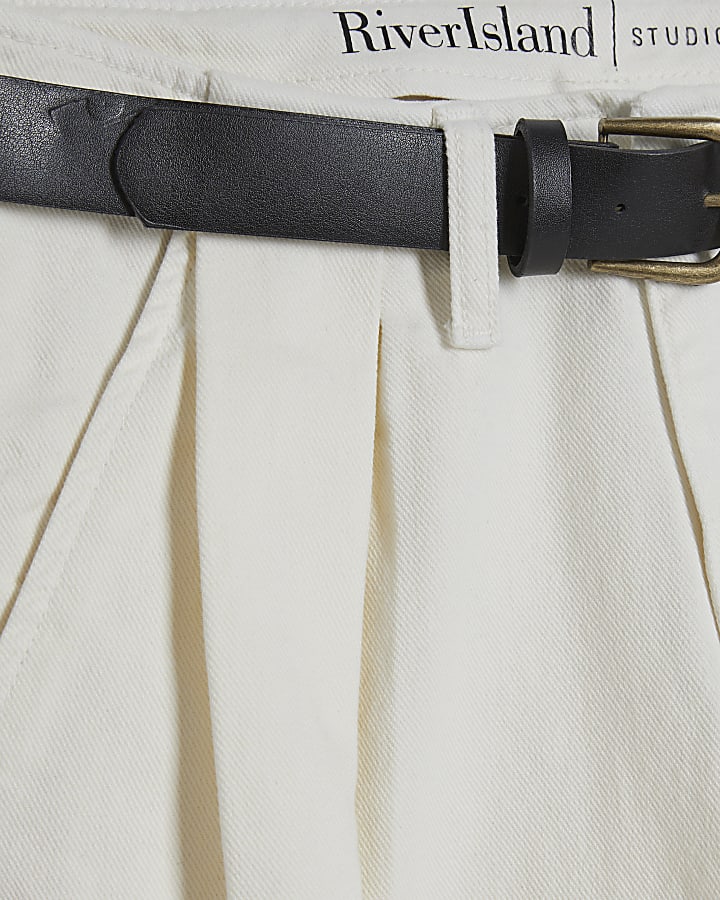 Cream Belted Pleated Wide Leg Jeans