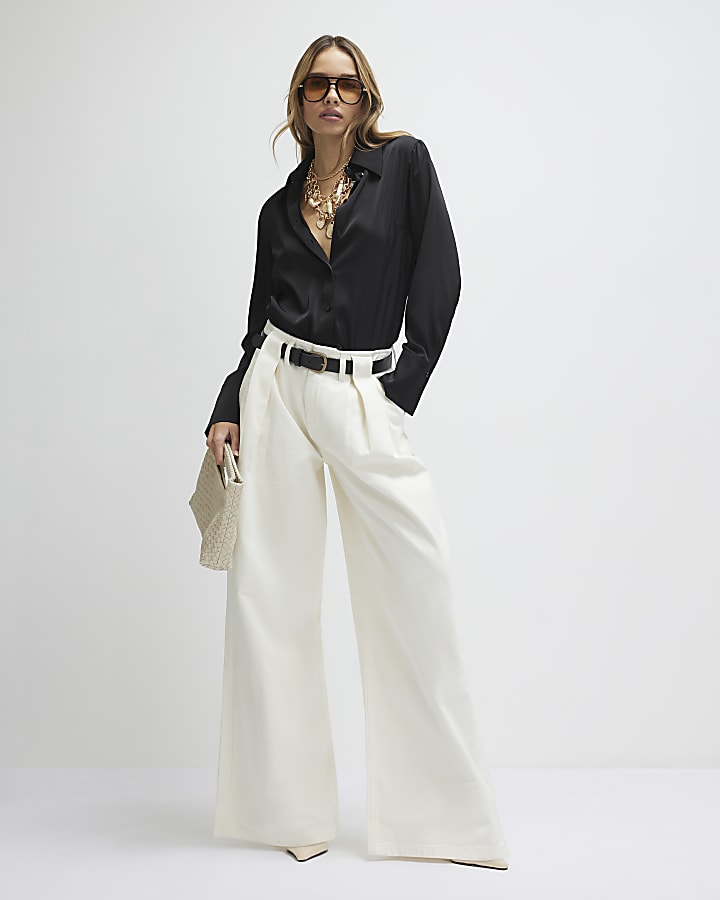 Cream Belted Pleated Wide Leg Jeans