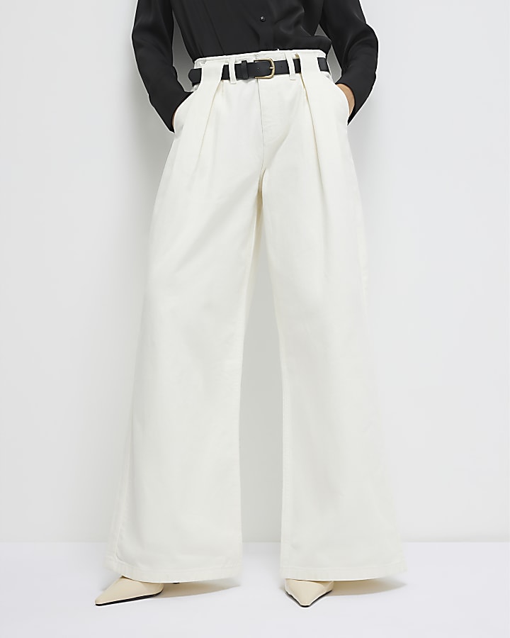 Cream Belted Pleated Wide Leg Jeans