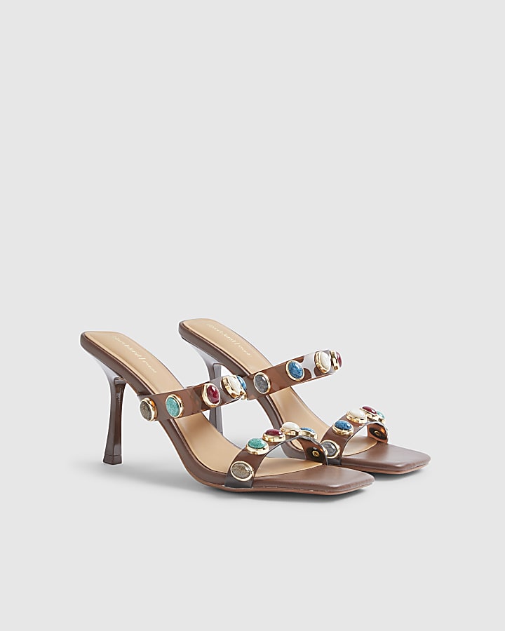 Brown Perspex Gem Heeled Mules