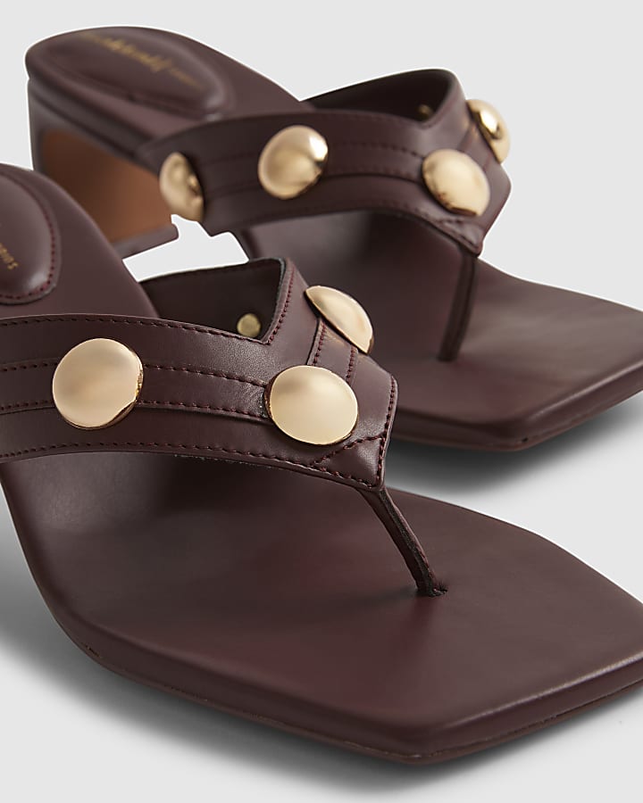 Red Studded Toe Thong Heeled Sandals