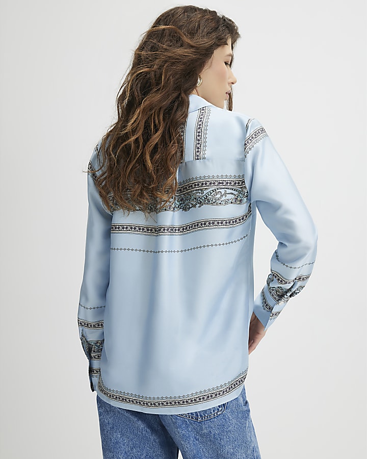 Blue Satin Paisley Print Long Sleeve Shirt