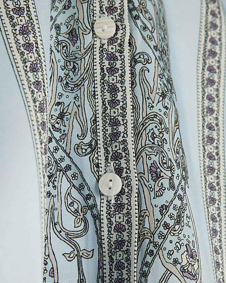 Blue Satin Paisley Print Long Sleeve Shirt